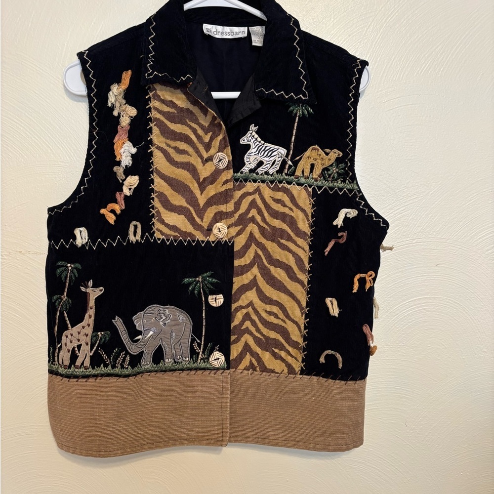Vintage Safari Animal Vest Embroidered Zebra Elephant Giraffe Patchwork Large